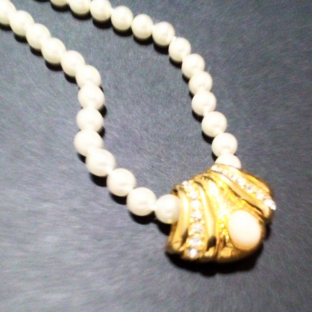 Vintage 24" Hand Knotted Faux Pearl Necklace Gold Tone Slide Enhancer - Picture 2 of 6